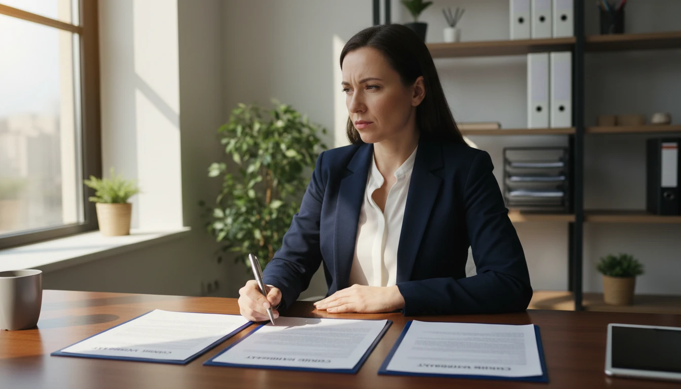Manager at a desk thoughtfully reviewing three printed draft responses before replying