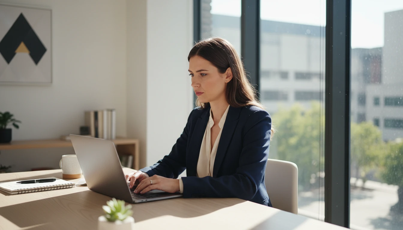 Office worker at a desk replying to a long email chain on a laptop