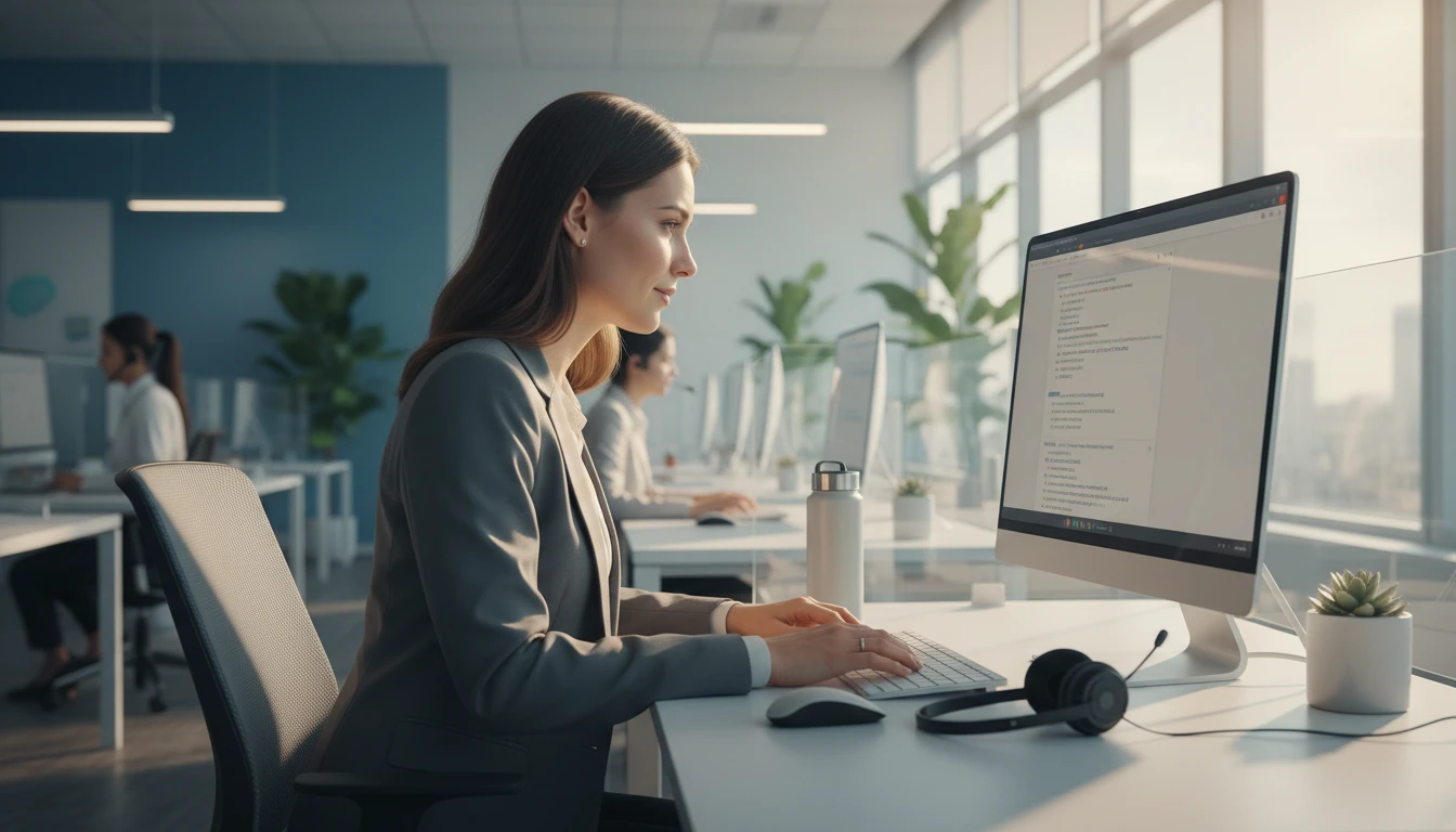 Customer support agent at a desk composing a reply on a headset computer setup