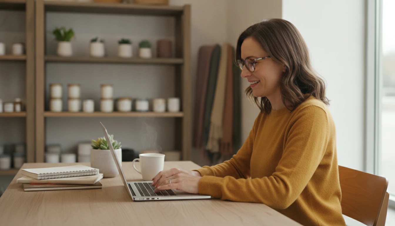 Small business owner at a shop desk replying to customer messages on a laptop