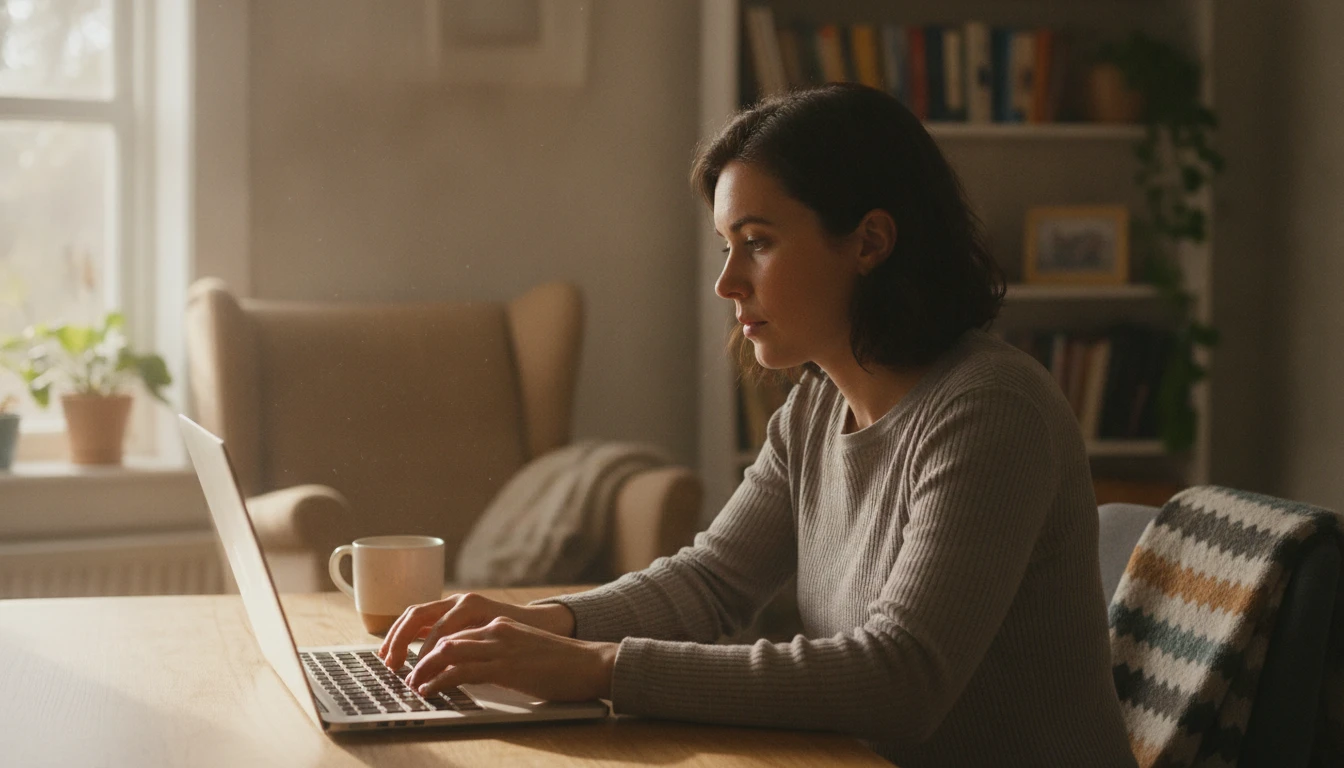 Person at a home desk carefully composing a personal reply on a laptop