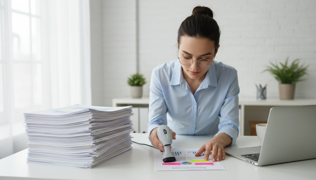 Researcher quickly scanning a highlighted summary of a long research document at a desk