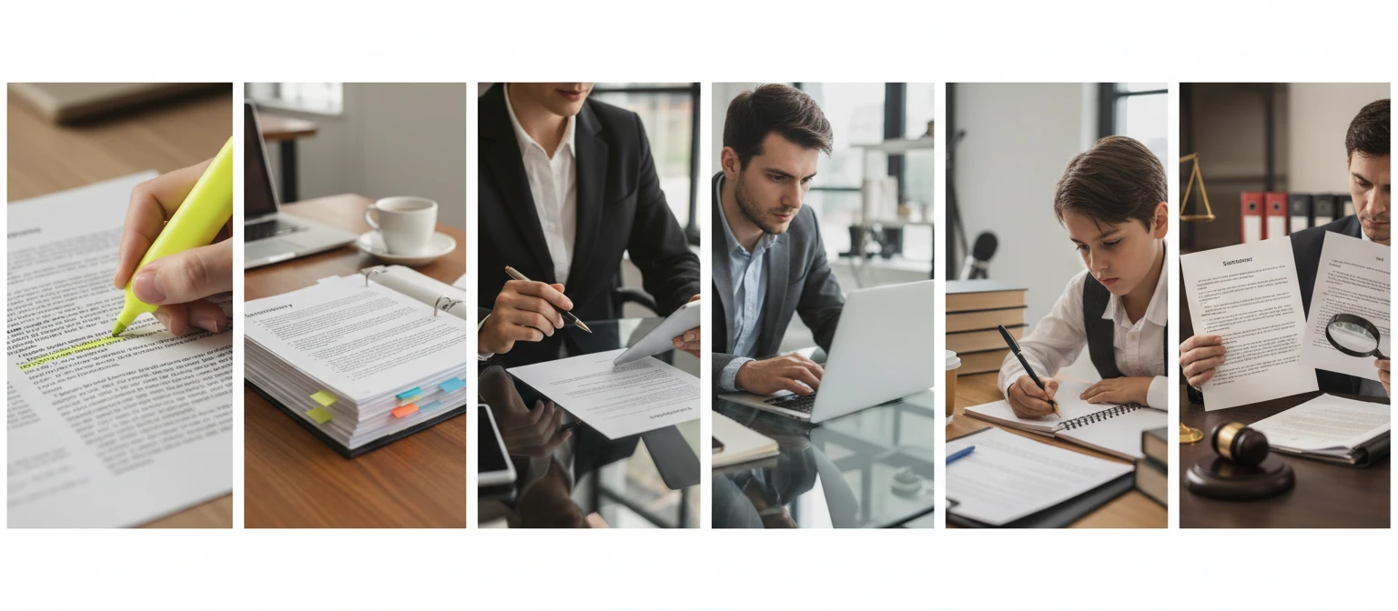 Wide collage of professionals quickly reviewing summarized documents in various settings