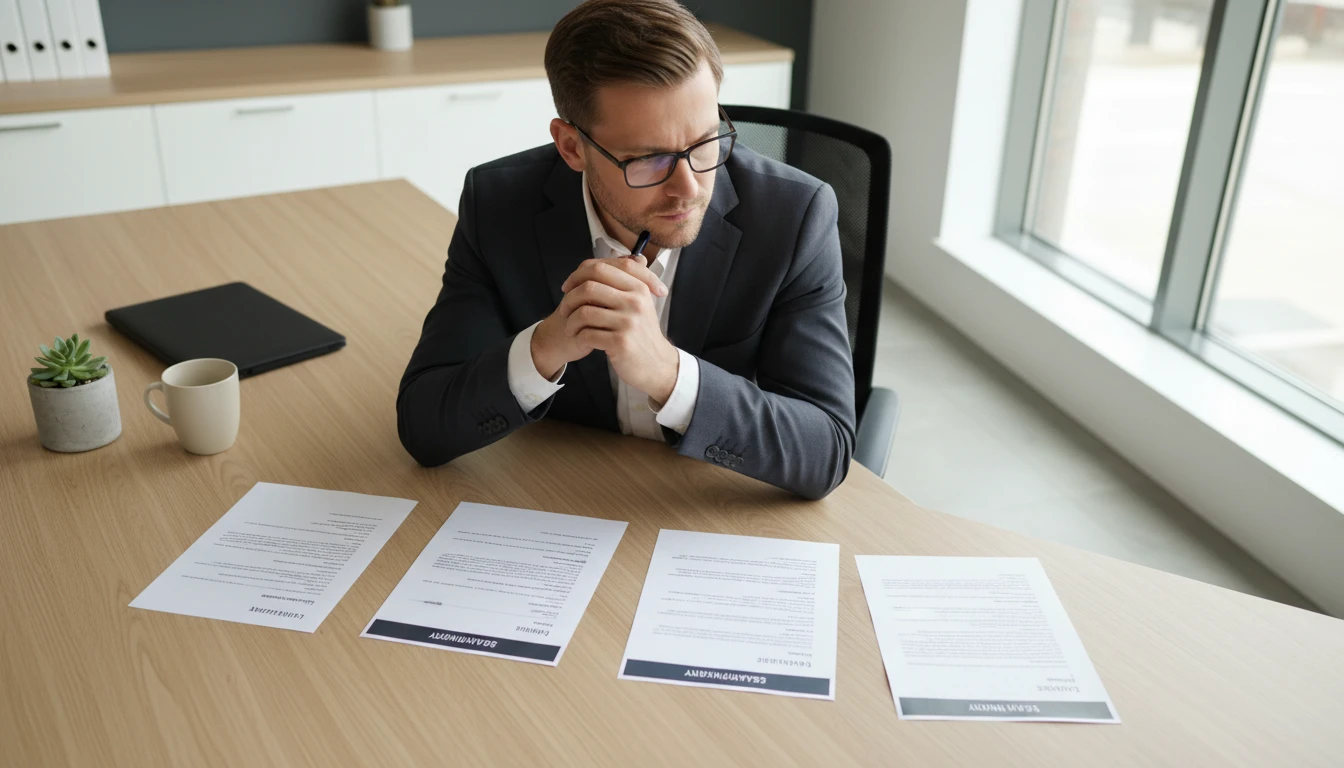 Professional comparing four lengths of printed summaries on a desk