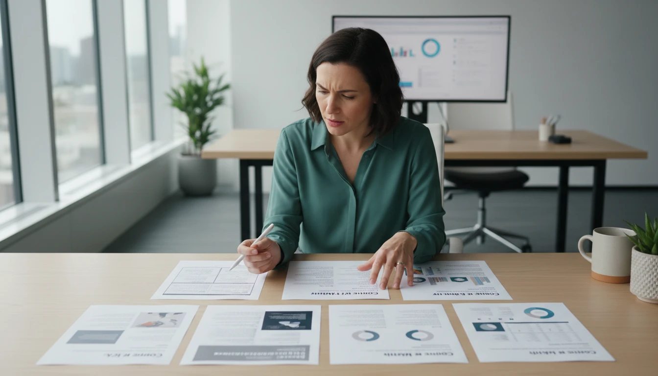 Content analyst reviewing six differently formatted summaries of the same document