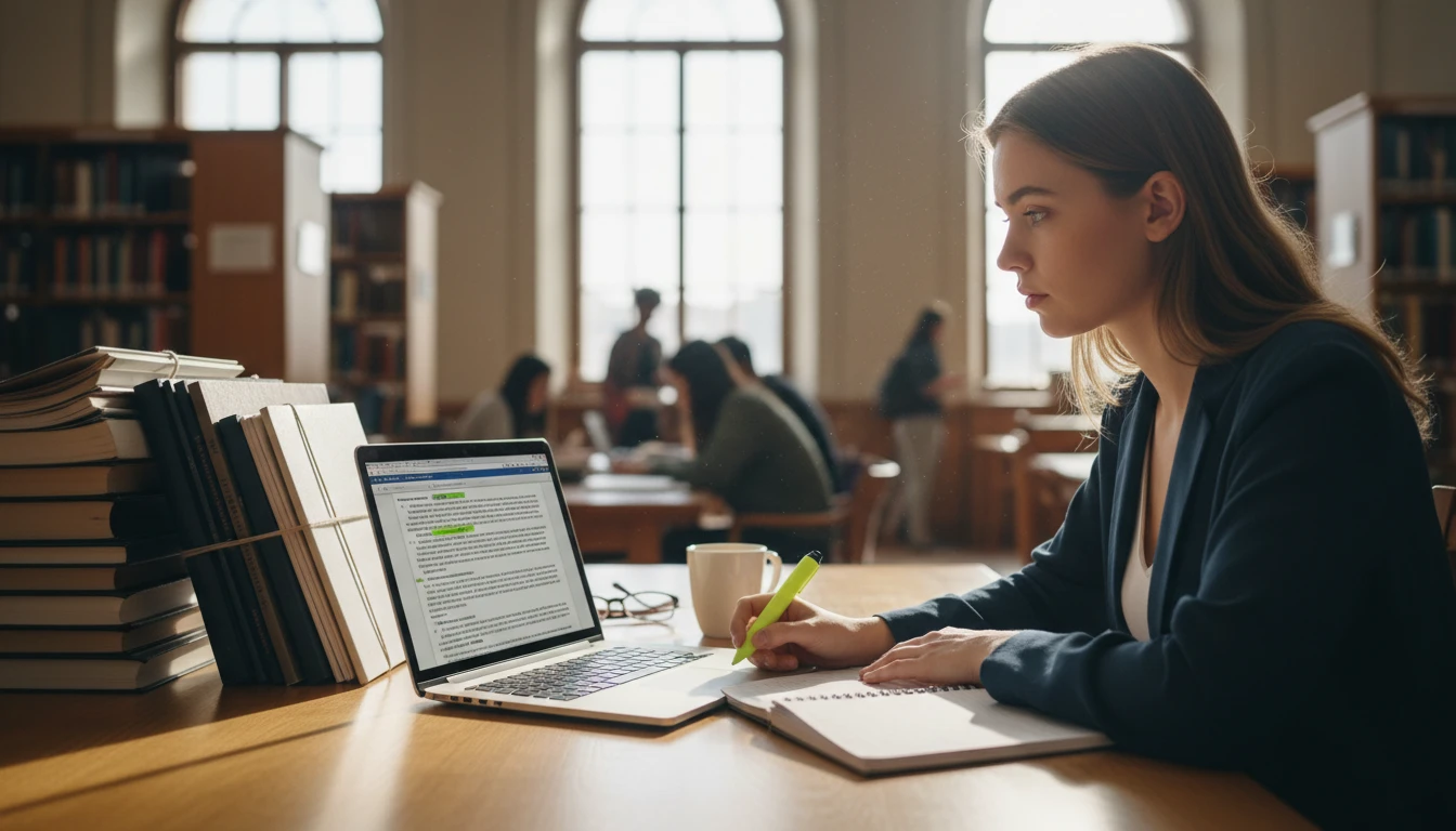 Graduate student summarizing academic papers at a library desk with a laptop