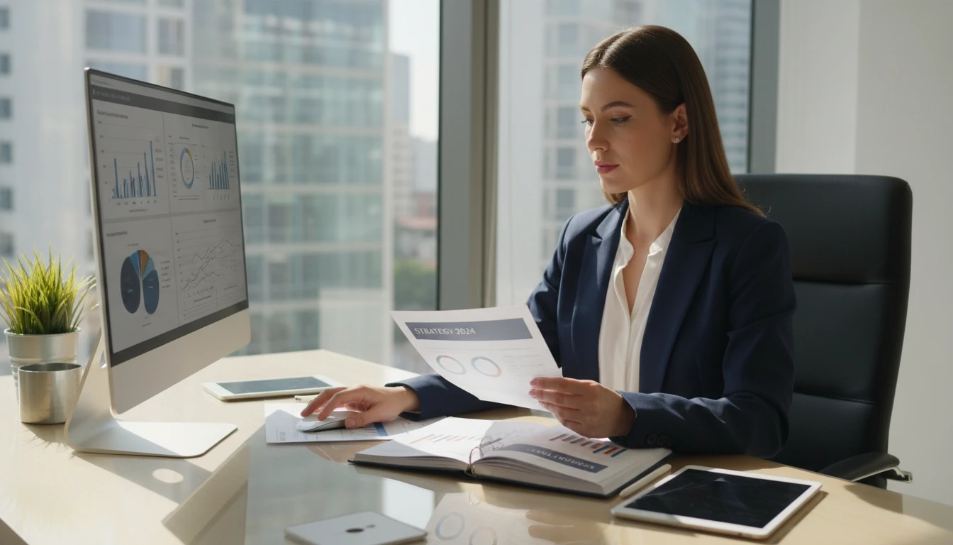 Executive at a desk scanning an executive brief summary of a thick business report