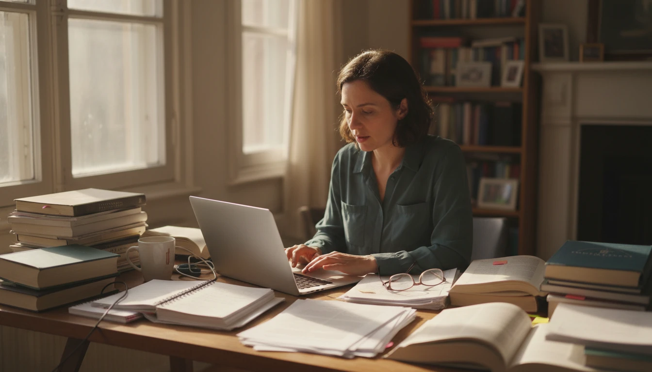 Journalist at a desk summarizing research materials on a laptop before writing