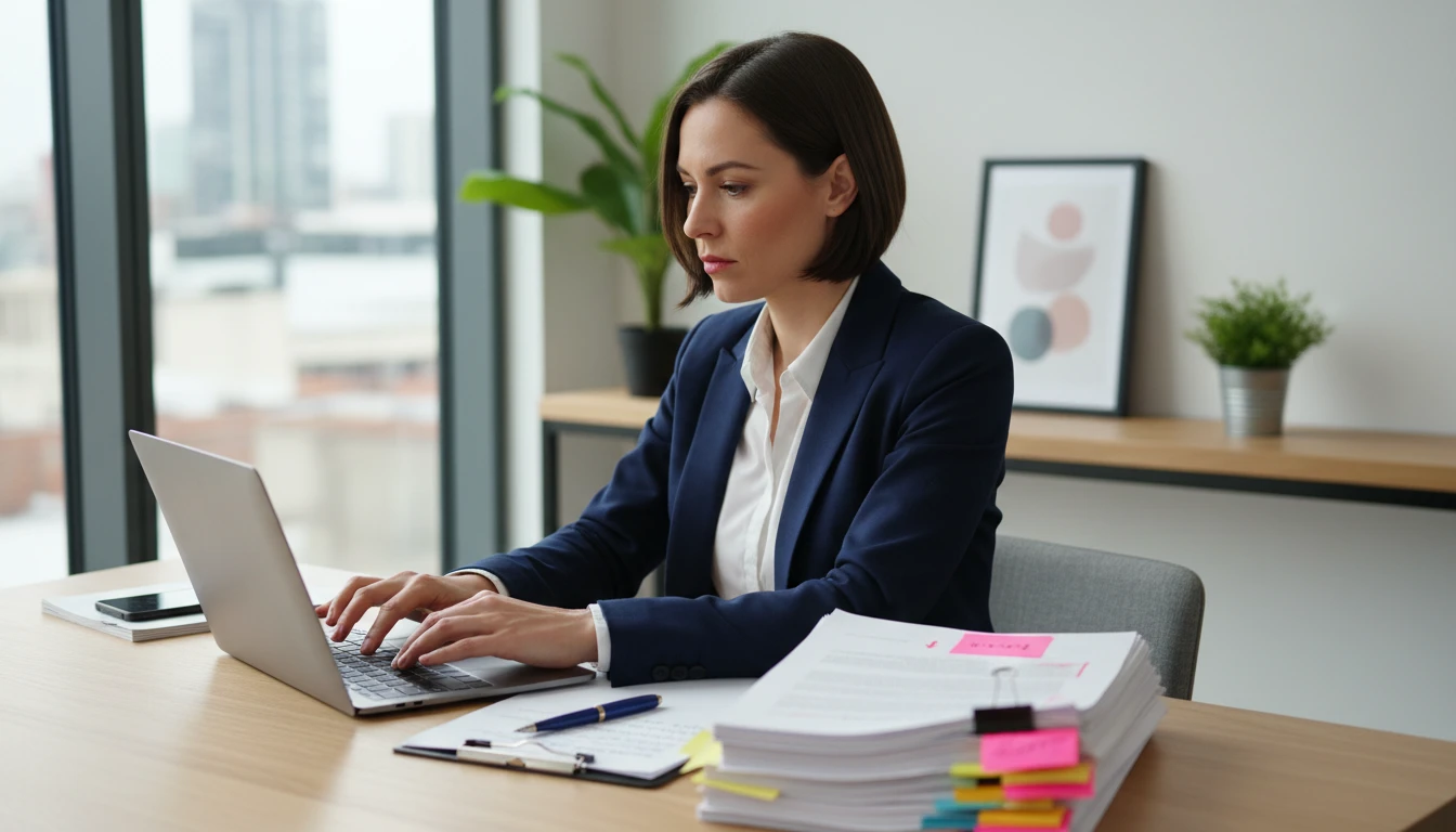 Legal professional summarizing a contract document on a laptop at a tidy desk