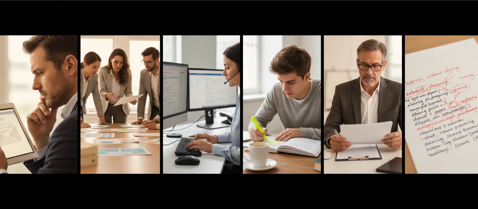 Wide collage of writers and communicators in various professional and personal contexts
