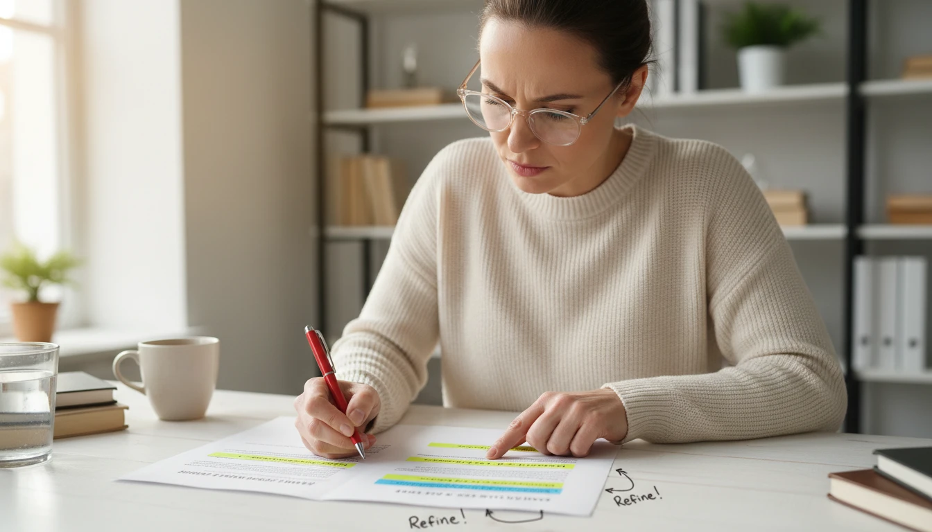 Editor reviewing annotated text with specific tone markers highlighted on a document