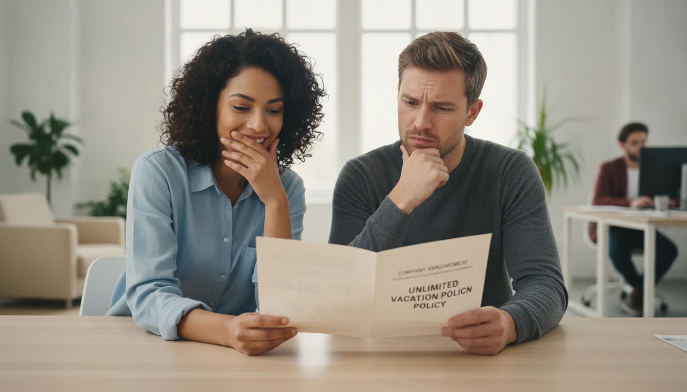 Two colleagues at a table with different reactions to reading the same printed message