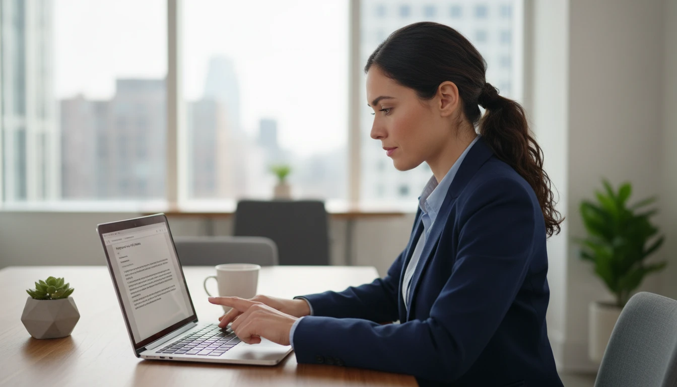 Professional pausing before sending an email, reading it one last time with a careful expression