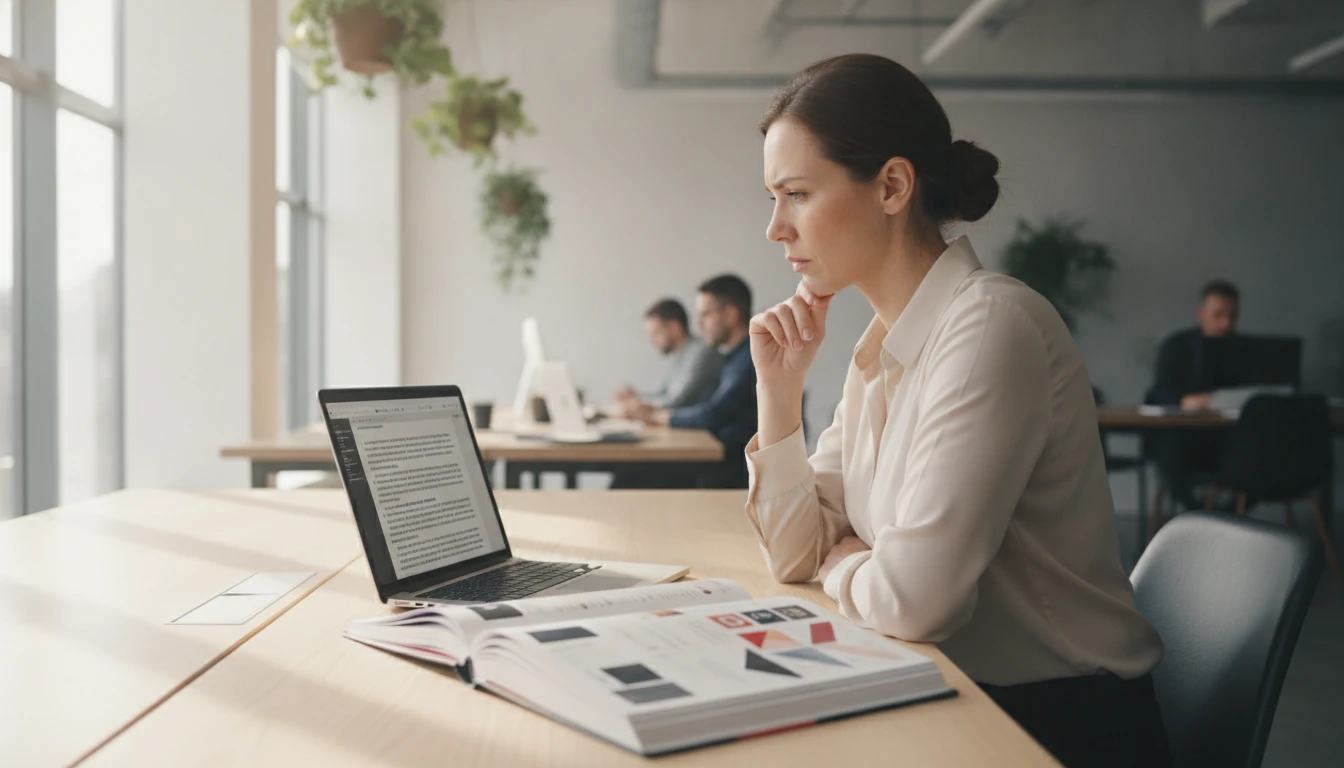 Copywriter at a desk checking the tone of ad copy on a laptop alongside brand guidelines