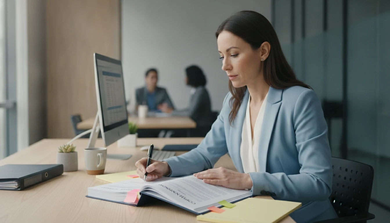 HR professional reviewing a policy document for tone before distributing it