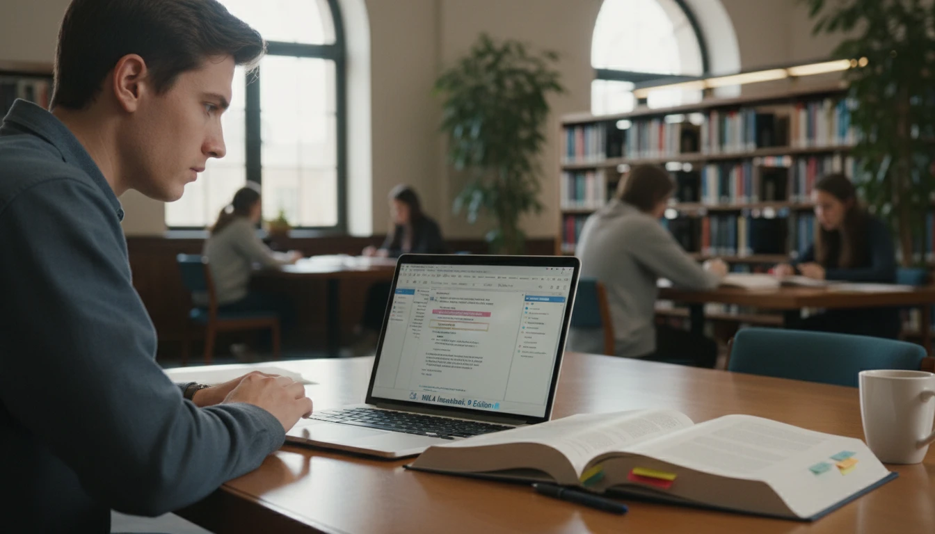Student at a desk checking the tone of an academic essay on a laptop before submitting