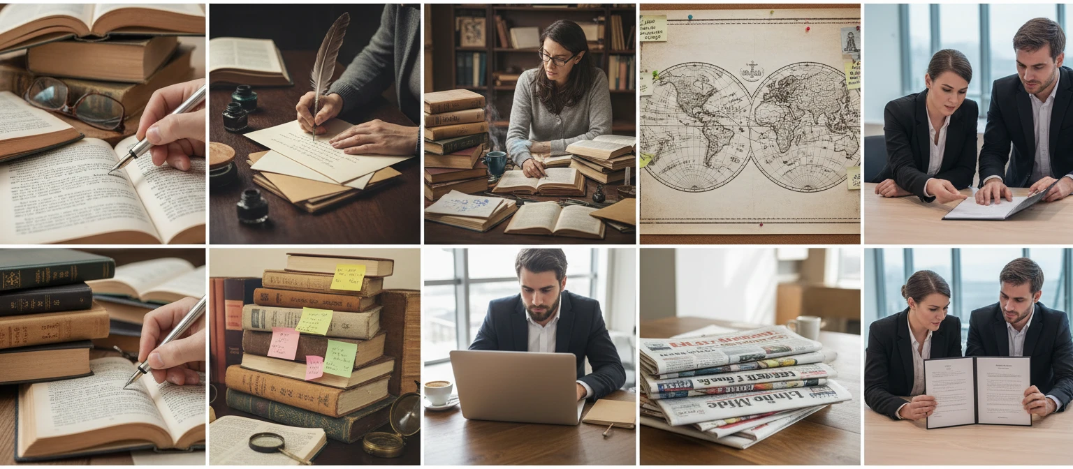 Wide collage of multilingual communication scenes — desks, documents, books, conversation