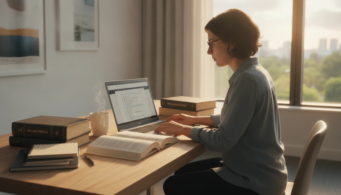 Translator reviewing style options on a laptop with language reference books open nearby