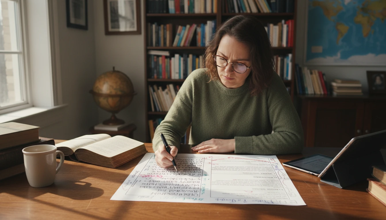 Linguist annotating a bilingual document with margin notes at a research desk