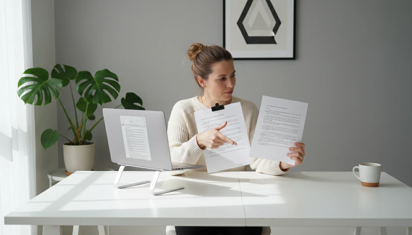 Content creator comparing two translated versions of a document on a laptop