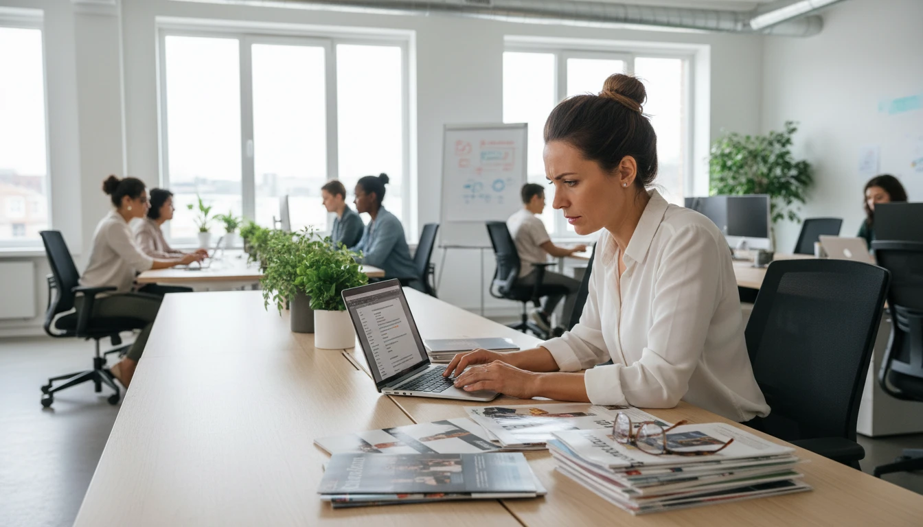 Marketing team reviewing translated product copy on a laptop at a modern office