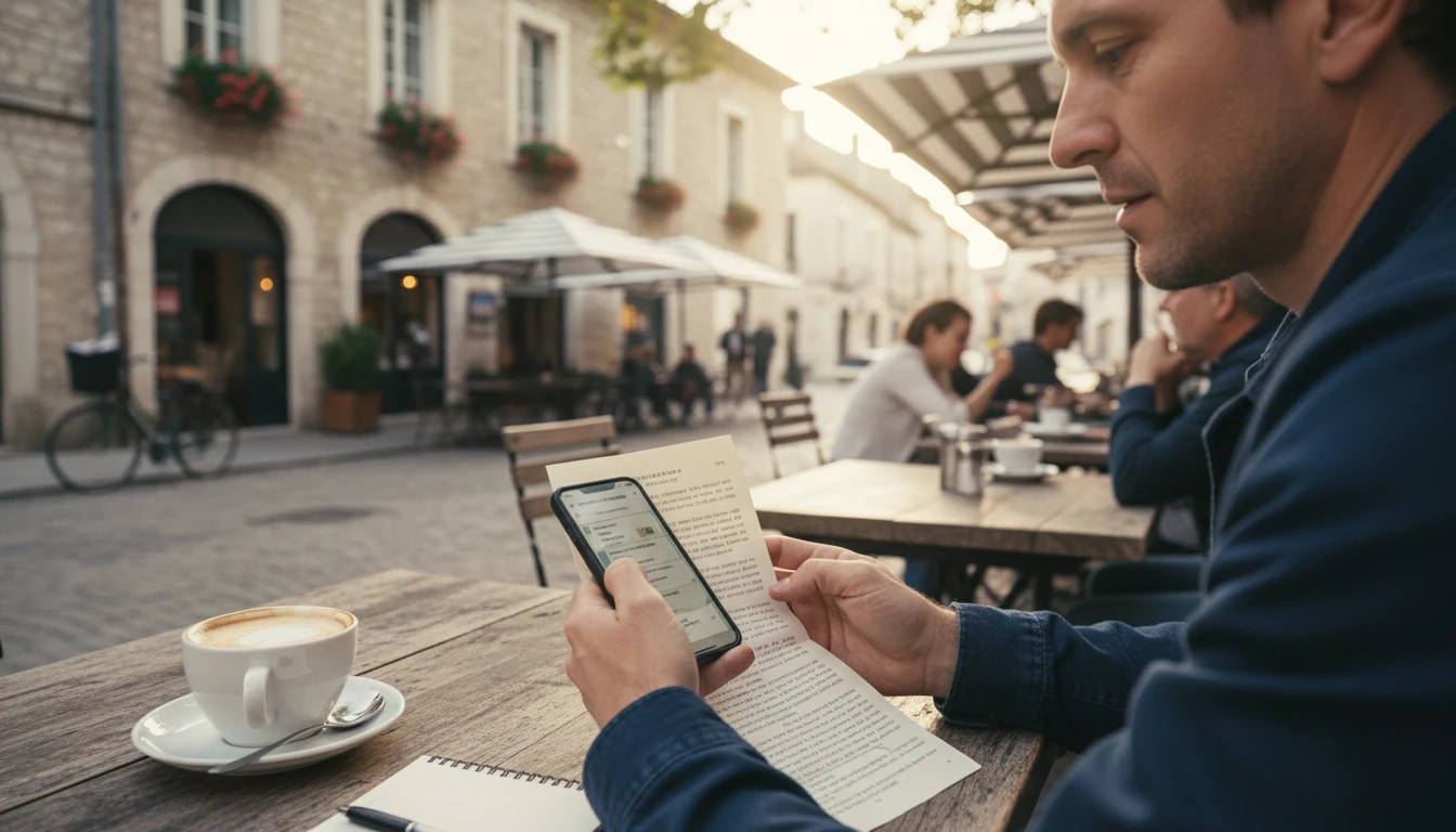 Traveler at a café translating a document on a smartphone with a coffee on the table