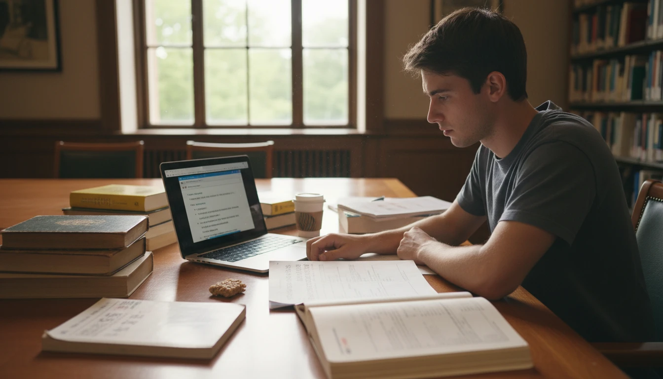 Student at a library desk translating a foreign-language academic paper on a laptop