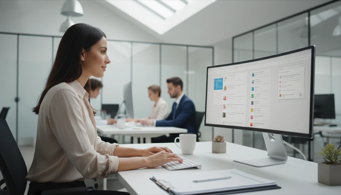 Customer support agent at a desk handling multilingual communications on a computer