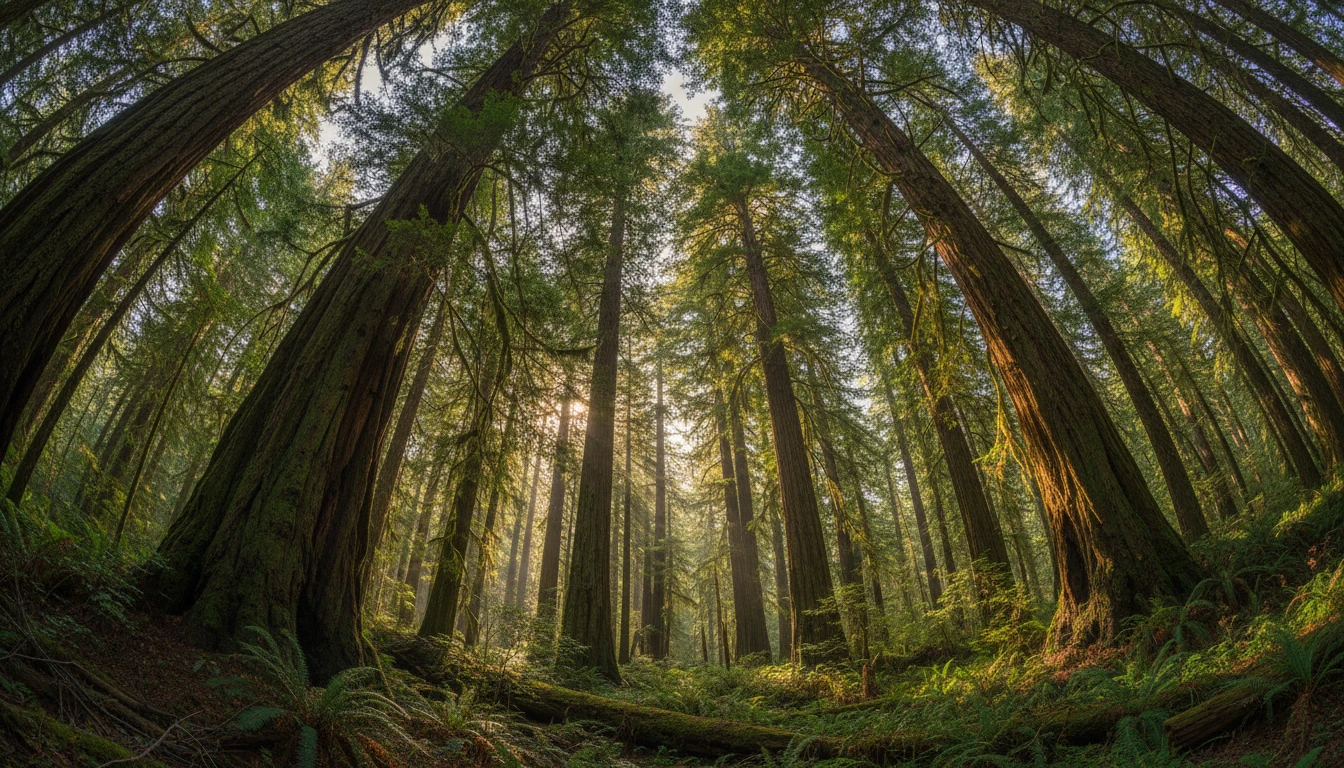 Sunlight filtering through the canopy of a tall ancient forest with large old-growth trees