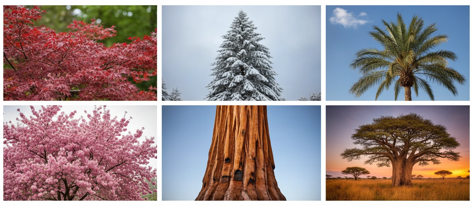 Wide photo collage of six tree types: a maple in autumn colour, a towering pine, a tropical palm, a flowering cherry, a massive sequoia, and a spreading baobab