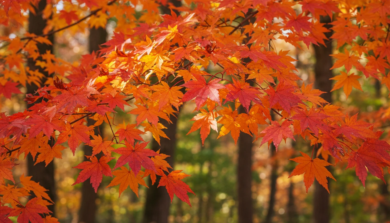 Close-up photograph of distinctive maple leaves showing their iconic lobed shape and autumn colour