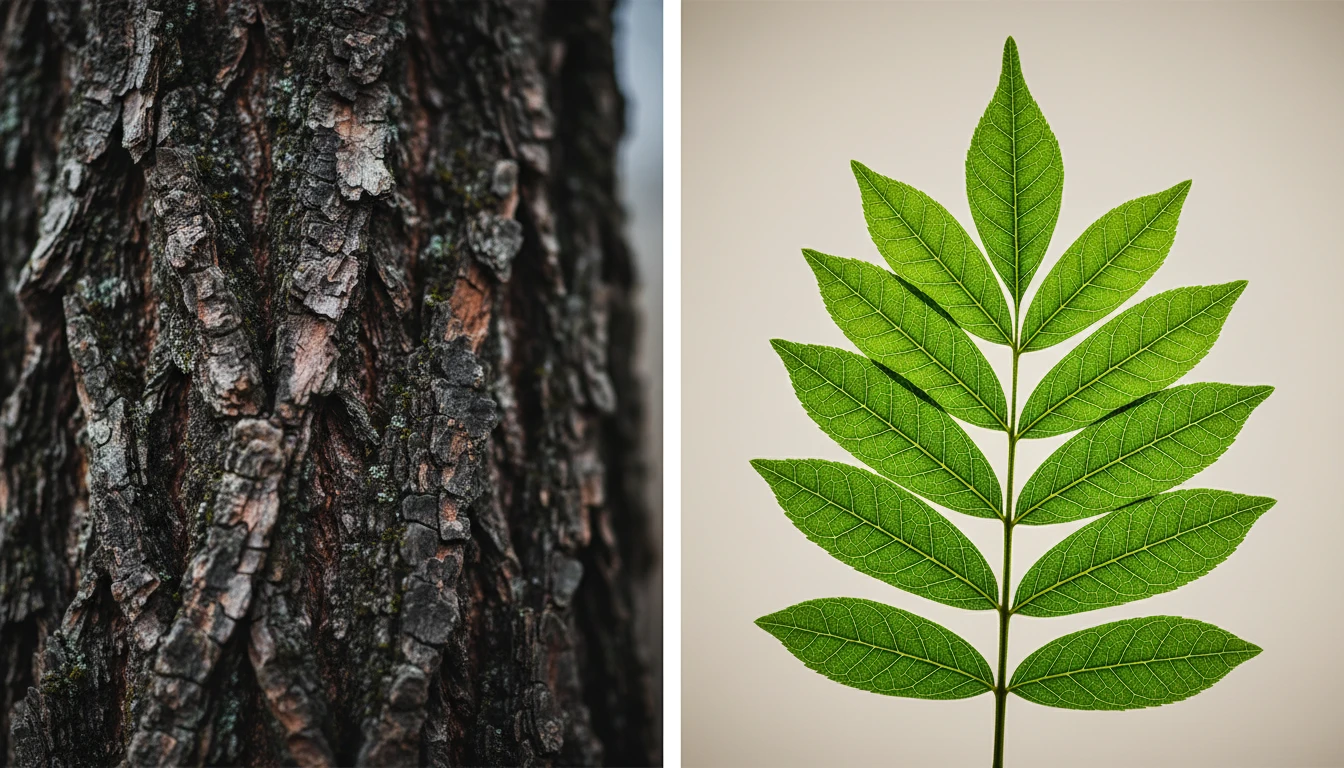 Side-by-side macro photographs of tree bark texture and a compound leaf with detailed visible vein structure