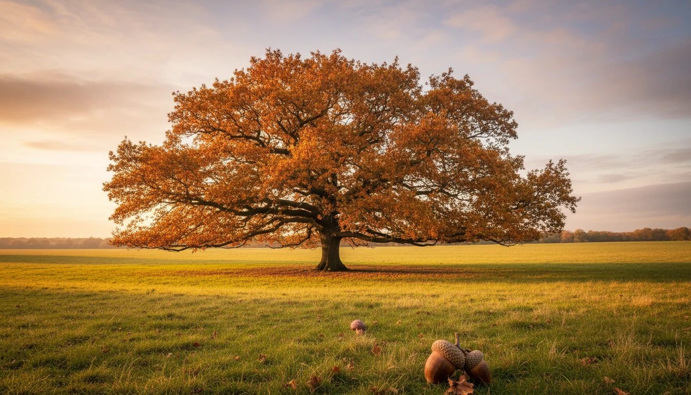 A mature oak tree in a parkland setting with acorns visible on the branches and a squirrel in the foreground