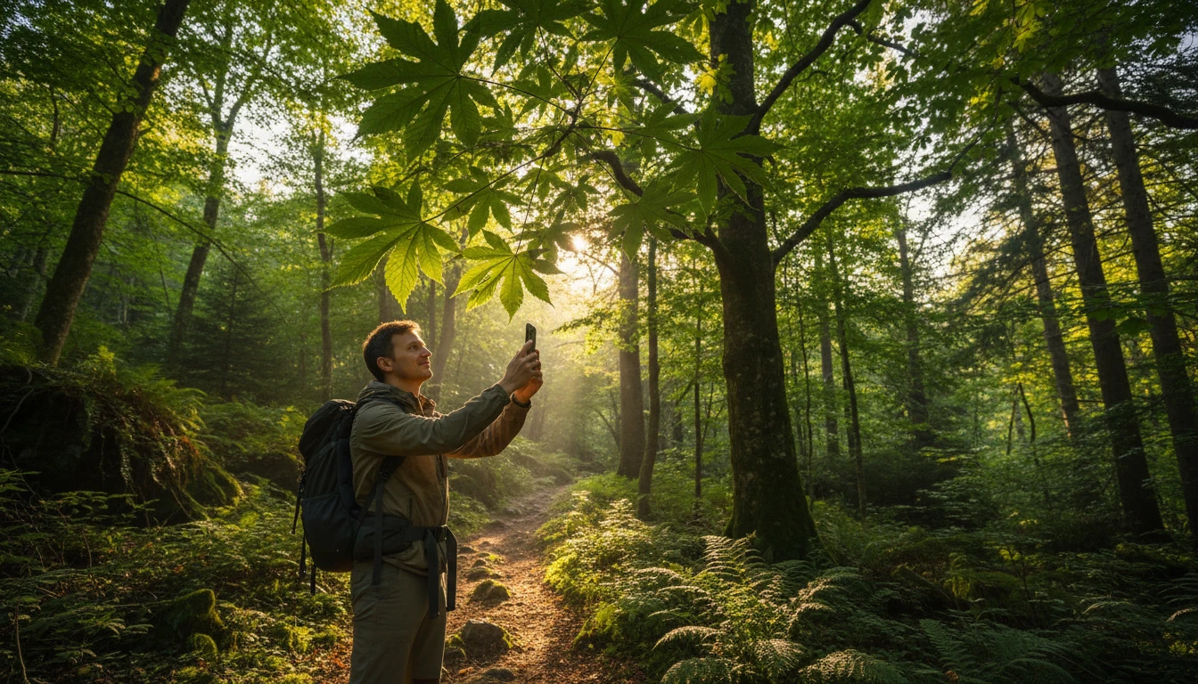 Hiker pausing on a forest trail to photograph leaves on a large tree with a smartphone