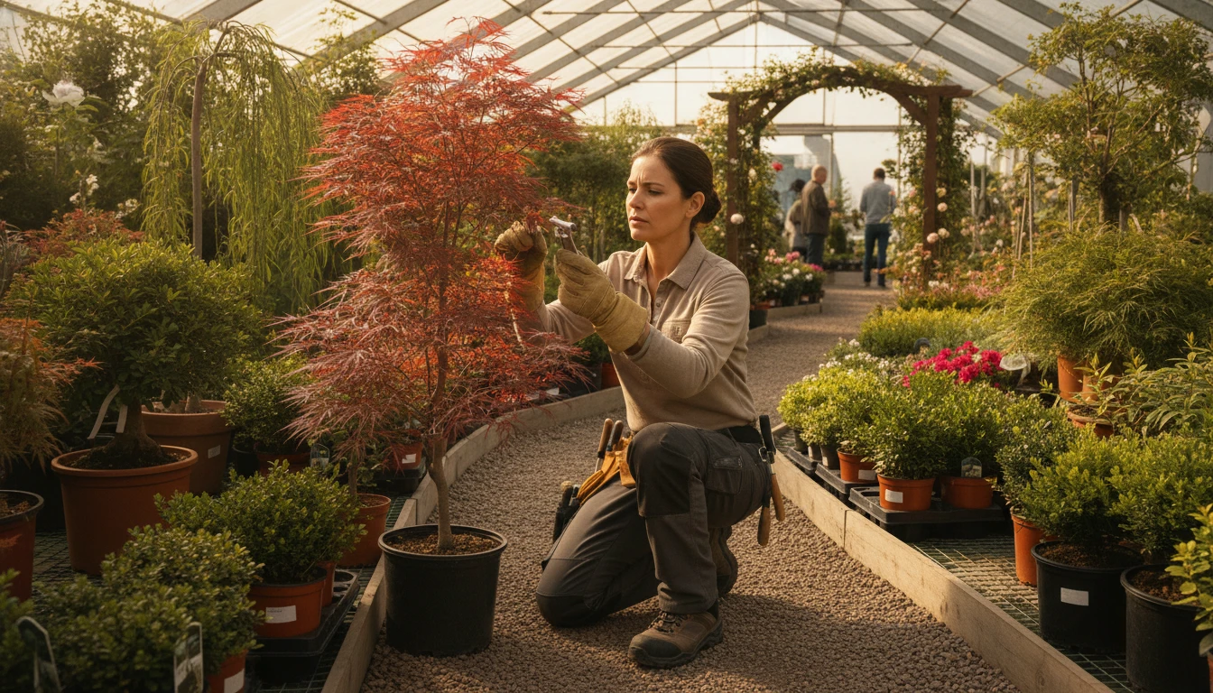 Landscaper examining a young ornamental tree in a garden centre with other trees visible in the background