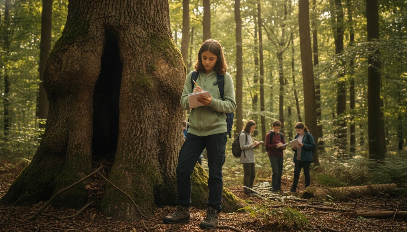 Student taking field notes beside a large tree in a woodland setting during an outdoor botany class