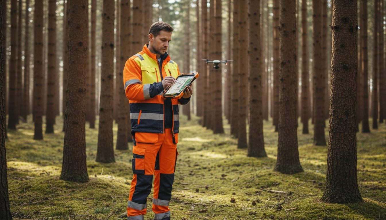 Forester using a tablet to record tree data in a managed forest with tall trees surrounding them