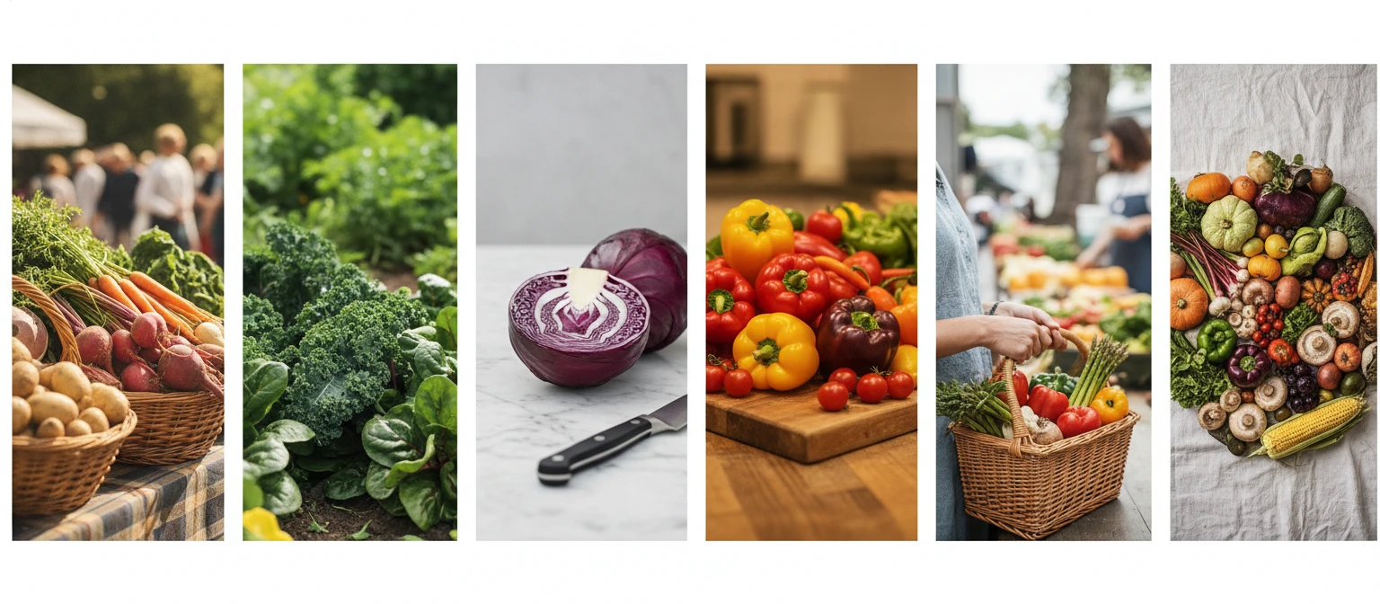 Wide editorial collage of diverse vegetables in market, kitchen, and garden settings