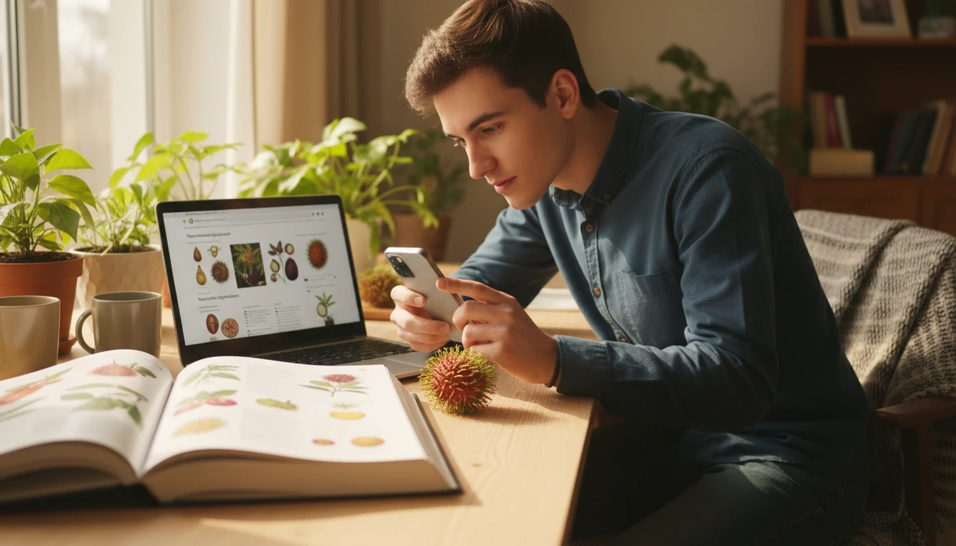 Student at a desk photographing an exotic vegetable for a botany project identification with a phone beside a laptop