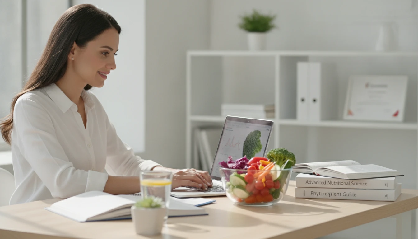 Nutritionist at a desk reviewing the nutritional analysis of an exotic vegetable on a laptop beside a vegetable bowl