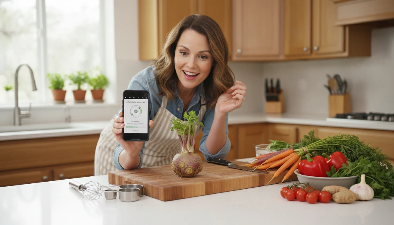 Home cook at a kitchen counter using an AI vegetable identifier to learn how to use an unfamiliar vegetable in a recipe on a phone