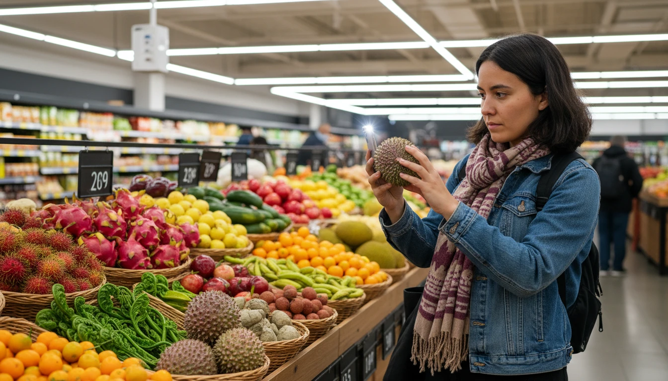 Shopper at a grocery store photographing an unfamiliar exotic vegetable with a phone to identify it and learn how to use it