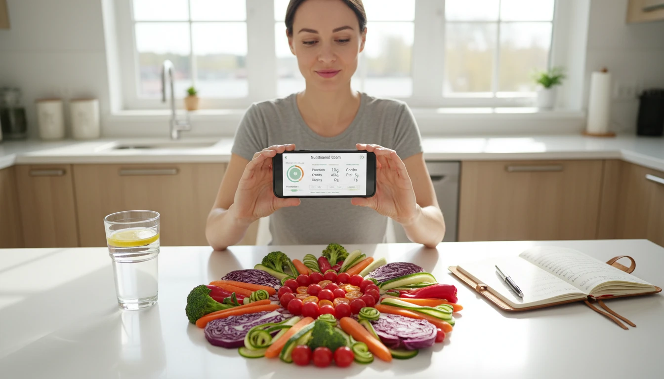 Health-conscious person at a kitchen table photographing a colourful vegetable bowl to analyse the nutritional content on a phone