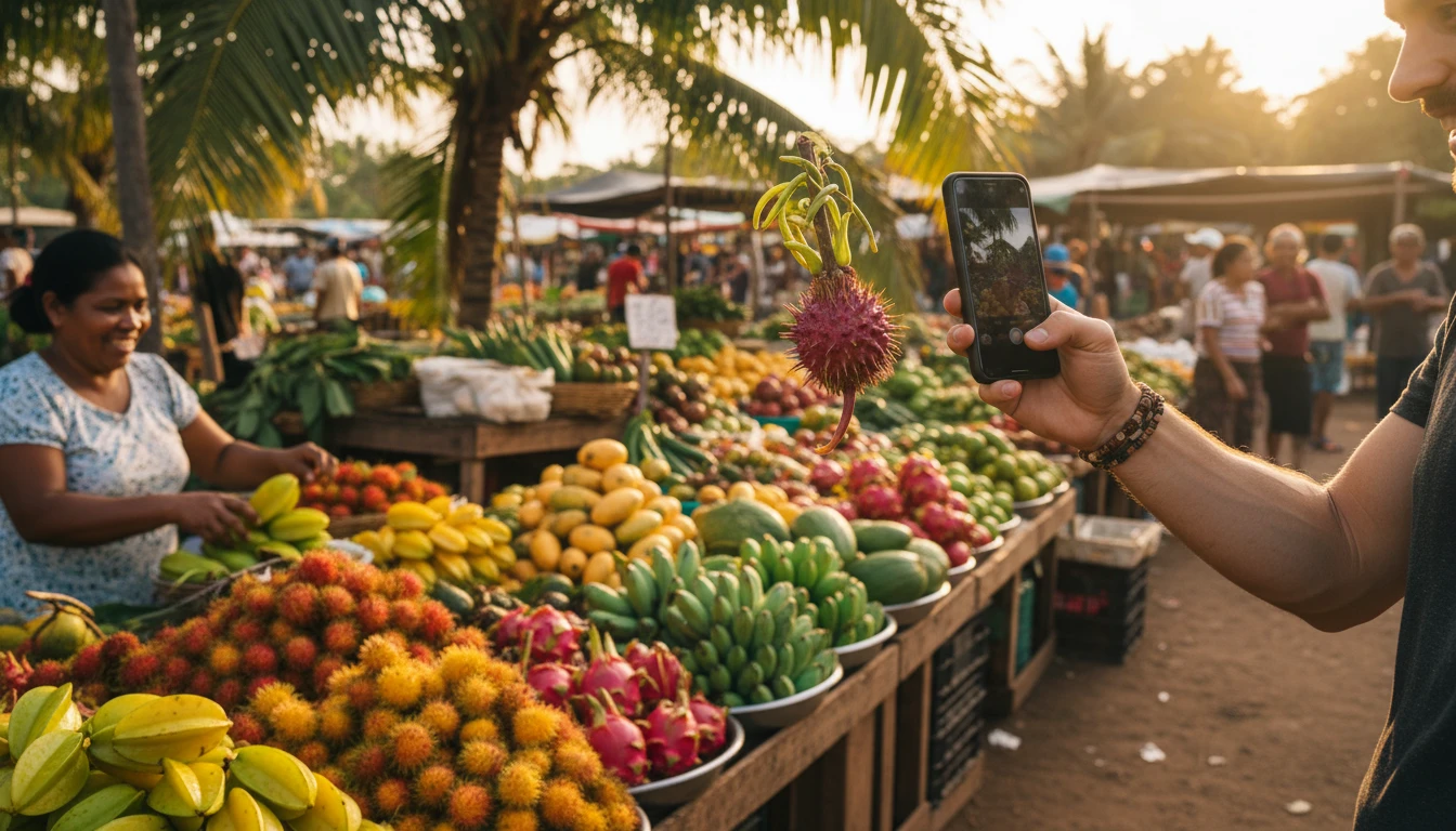 Traveller at a tropical market photographing an exotic local vegetable with a phone to identify it while travelling