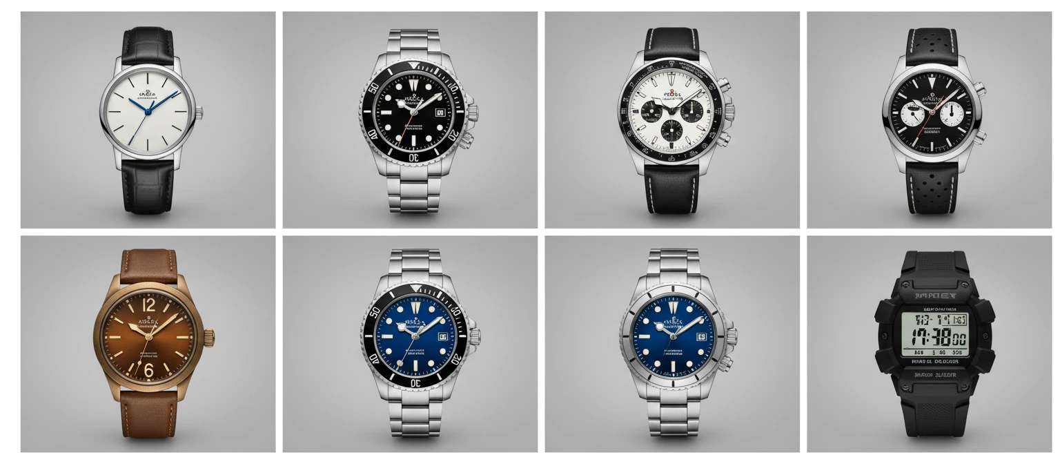 Photo collage of six iconic watches representing different brand categories: a Patek Philippe dress watch, a Rolex Submariner, an Omega Speedmaster, a Tudor Black Bay, a Seiko diver, and a Casio G-Shock