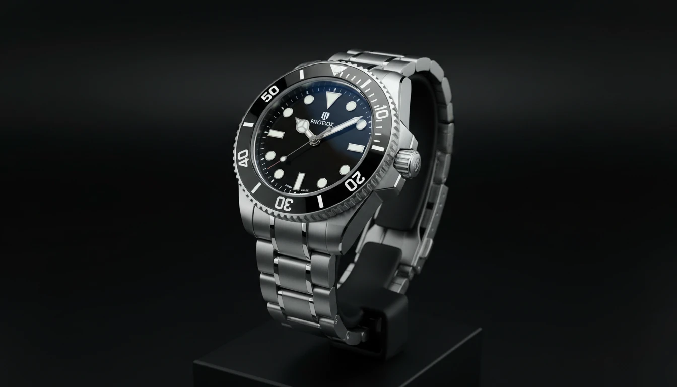 Rolex Submariner on a watch stand showing the iconic black dial and bezel detail