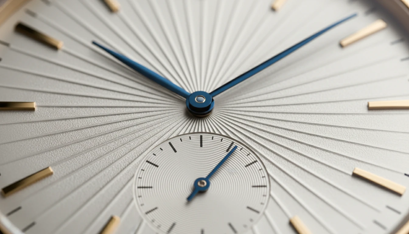 Close-up macro photograph of a watch dial showing guillouche texture, applied indices, and blued hands