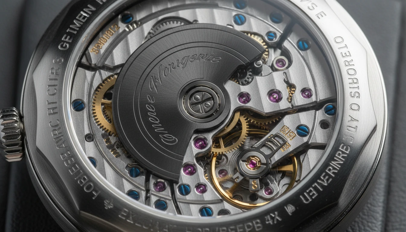 Exhibition caseback showing a detailed view of a mechanical movement with decorated rotor and bridges