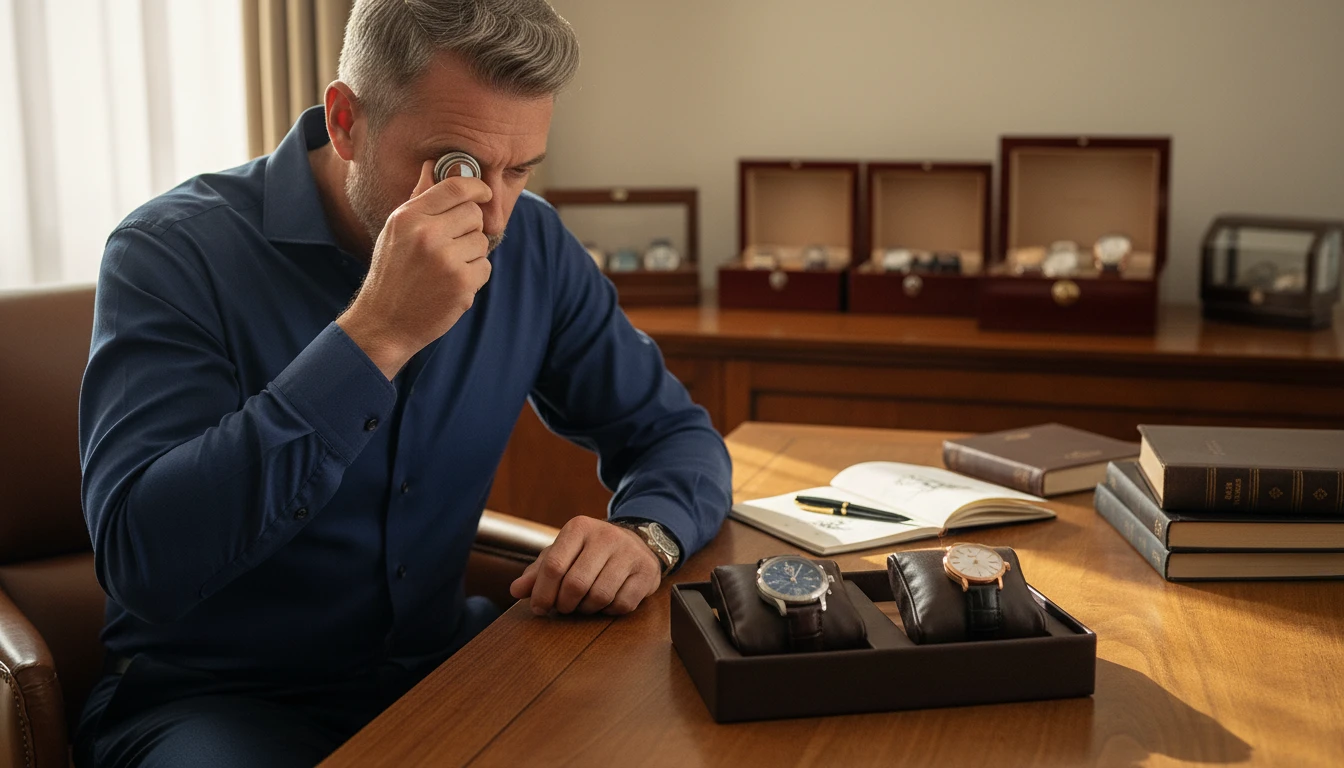 Watch collector comparing two luxury watches on a watch cushion display tray