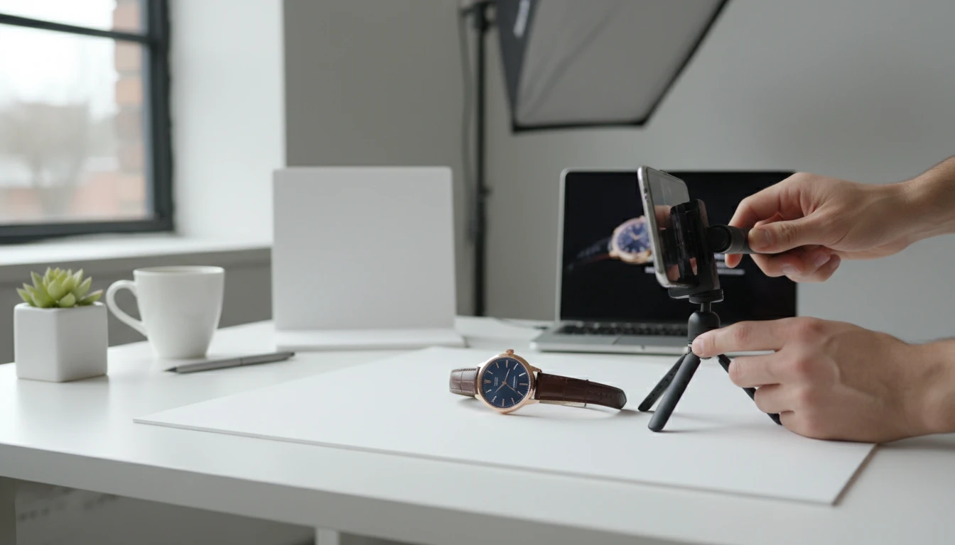 Person photographing a pre-owned watch on a clean white background for an online listing